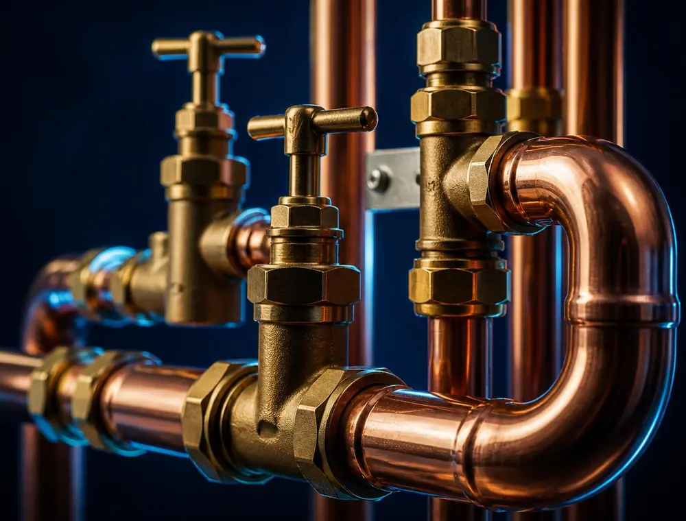 Close-up of copper heating pipework and brass valves