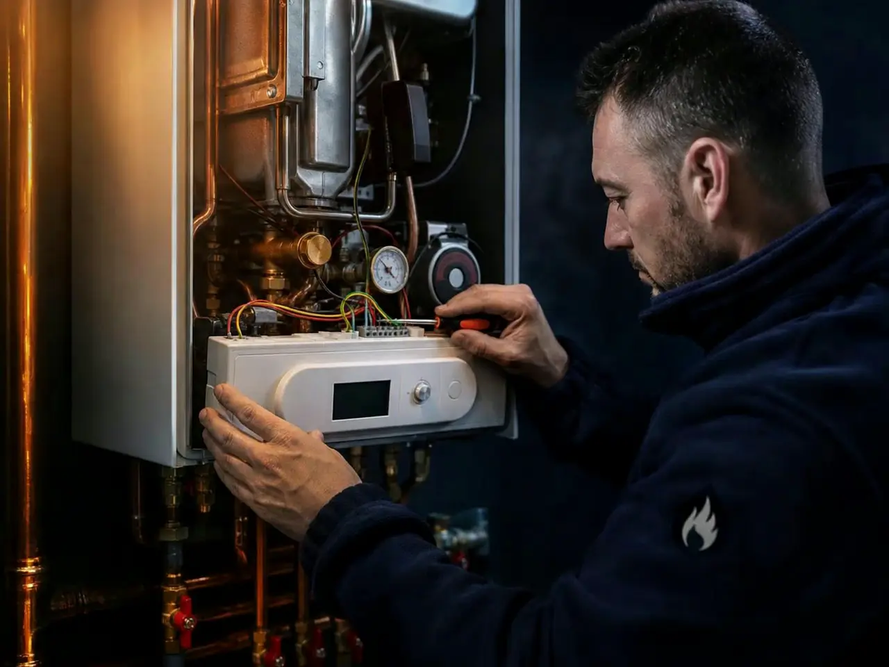 Heating engineer's hands servicing a gas combi boiler