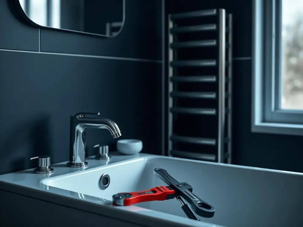 Modern bathroom tap and heated towel radiator