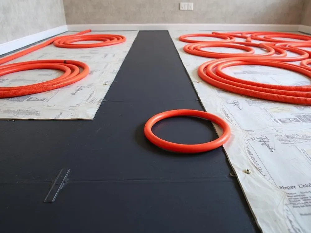 Underfloor heating pipe loops laid before screed